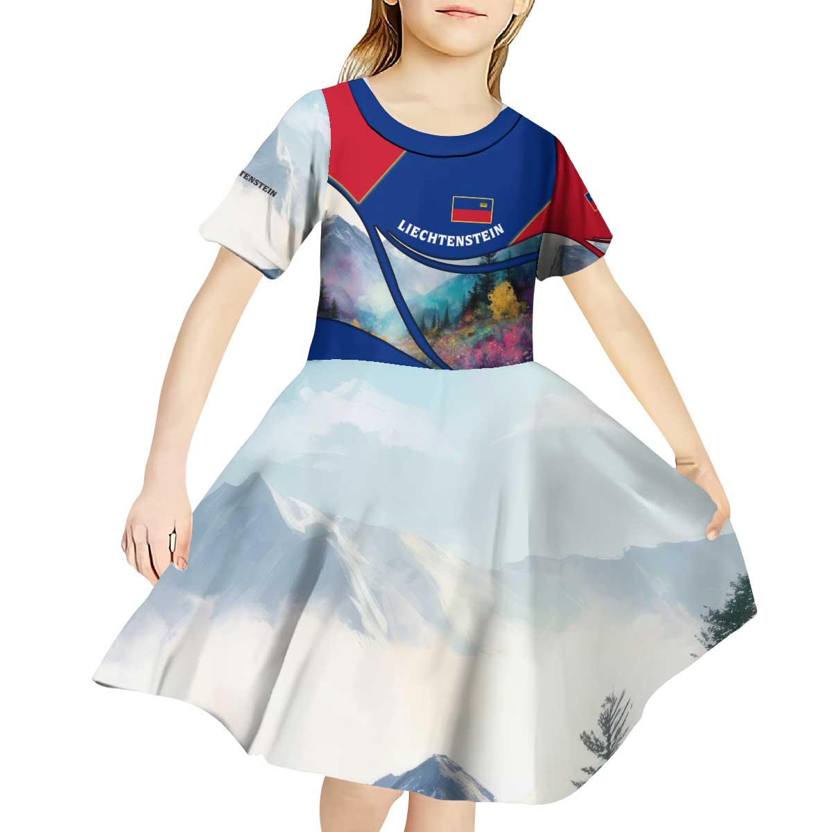 Liechtenstein Kid Short Sleeve Dress with Red Blue Mountain Landscape Design and Crown Emblem - Wonder Print Shop
