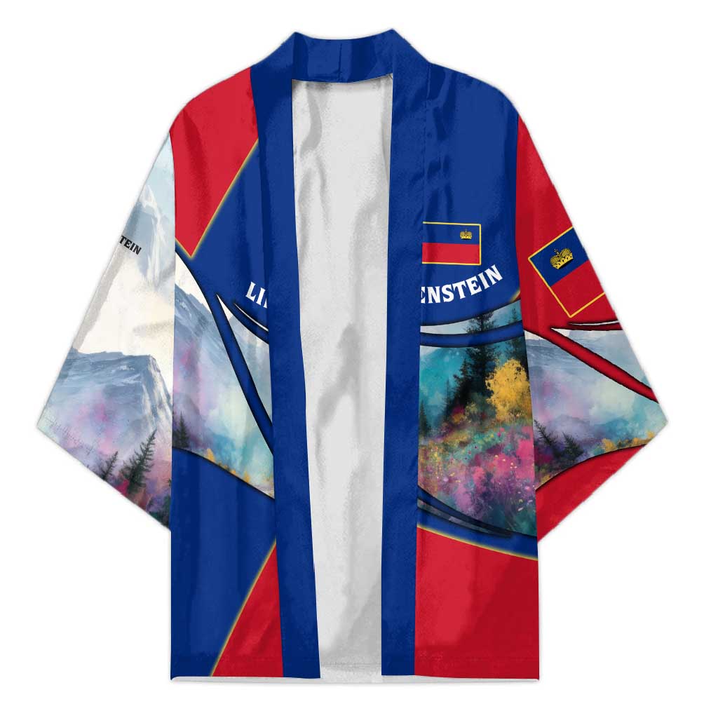 Liechtenstein Kimono with Red Blue Mountain Landscape Design and Crown Emblem - Wonder Print Shop