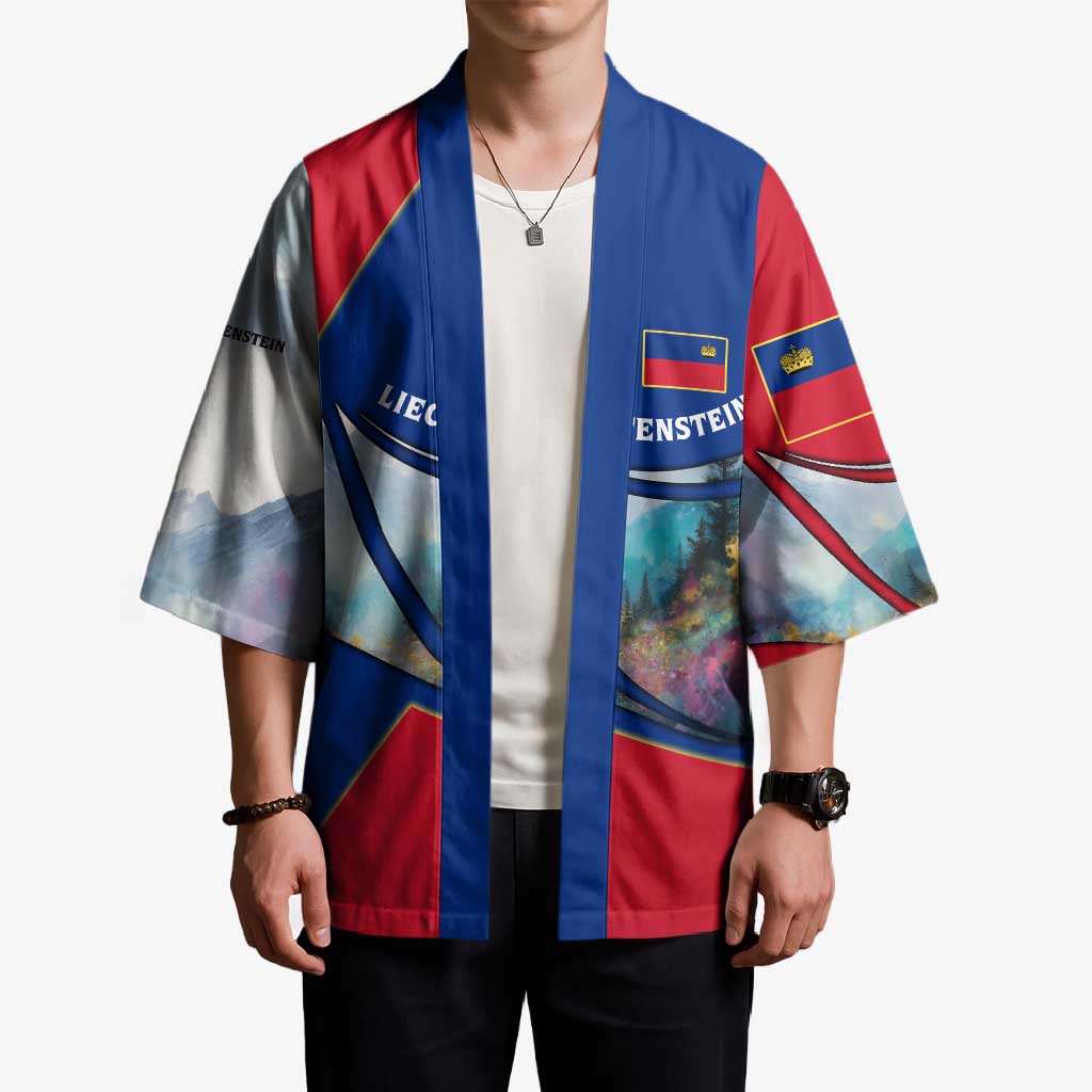 Liechtenstein Kimono with Red Blue Mountain Landscape Design and Crown Emblem - Wonder Print Shop