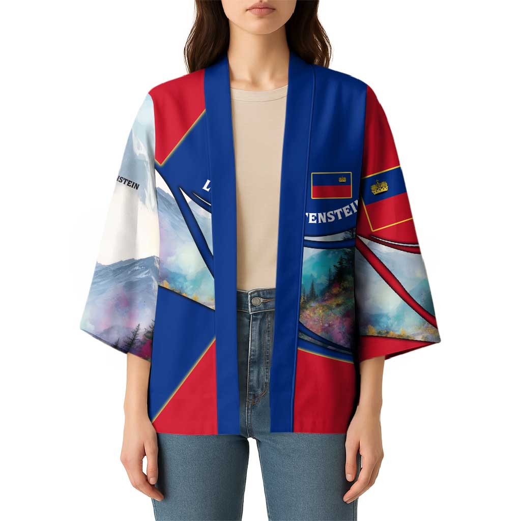 Liechtenstein Kimono with Red Blue Mountain Landscape Design and Crown Emblem - Wonder Print Shop