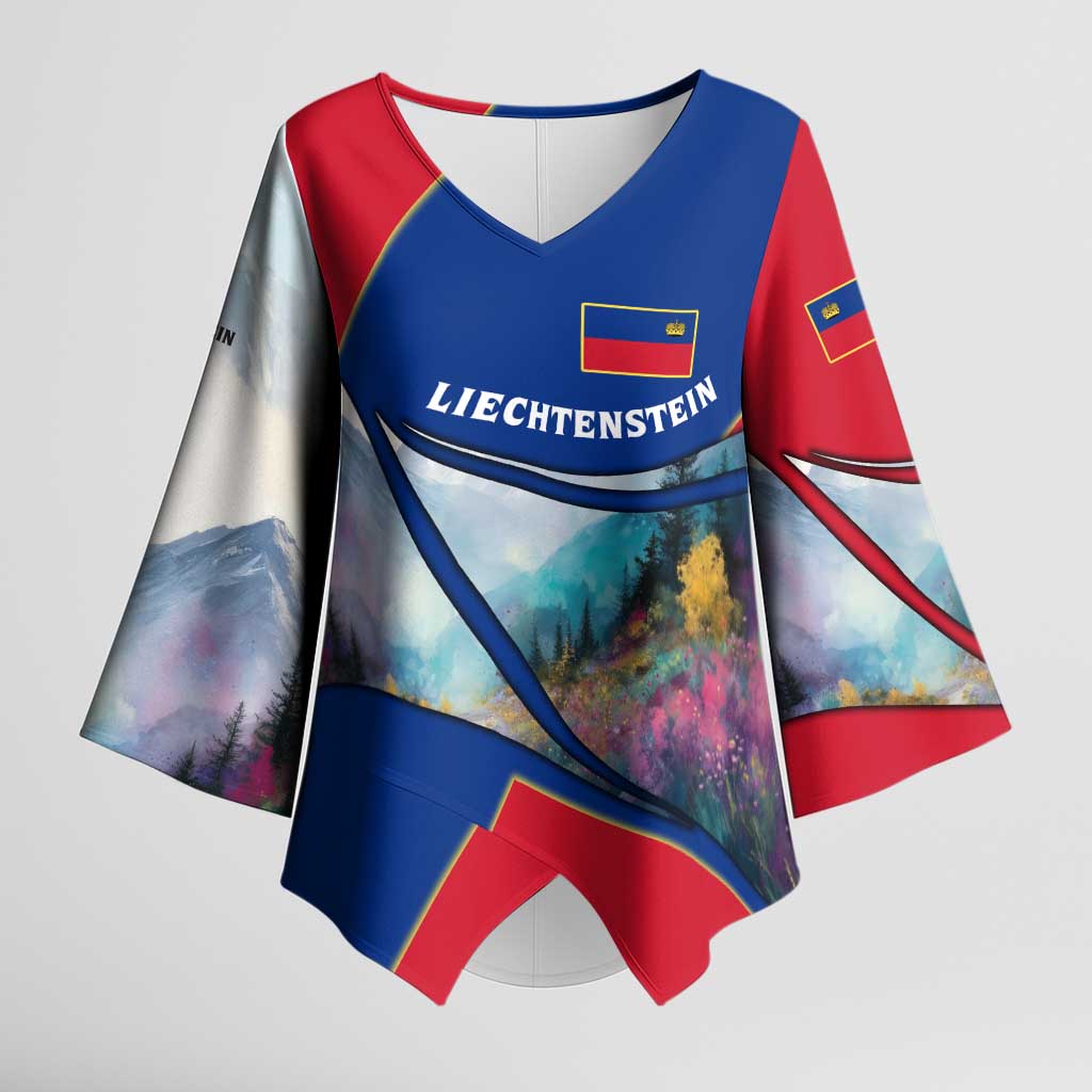 Liechtenstein Kimono Sleeve Blouse with Red Blue Mountain Landscape Design and Crown Emblem - Wonder Print Shop