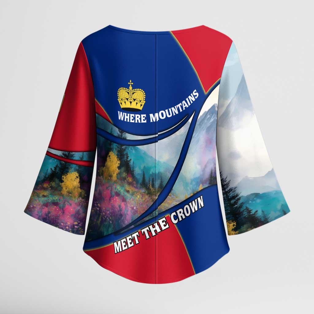 Liechtenstein Kimono Sleeve Blouse with Red Blue Mountain Landscape Design and Crown Emblem - Wonder Print Shop
