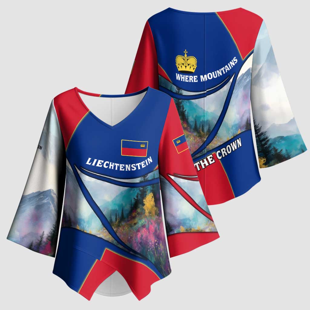 Liechtenstein Kimono Sleeve Blouse with Red Blue Mountain Landscape Design and Crown Emblem - Wonder Print Shop