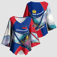 Liechtenstein Kimono Sleeve Blouse with Red Blue Mountain Landscape Design and Crown Emblem - Wonder Print Shop