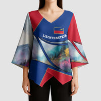 Liechtenstein Kimono Sleeve Blouse with Red Blue Mountain Landscape Design and Crown Emblem - Wonder Print Shop