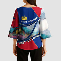 Liechtenstein Kimono Sleeve Blouse with Red Blue Mountain Landscape Design and Crown Emblem - Wonder Print Shop