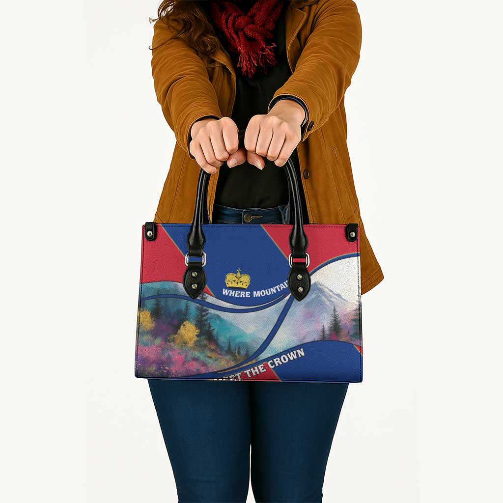 Liechtenstein Leather Bag with Red Blue Mountain Landscape Design and Crown Emblem - Wonder Print Shop