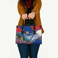 Liechtenstein Leather Bag with Red Blue Mountain Landscape Design and Crown Emblem - Wonder Print Shop