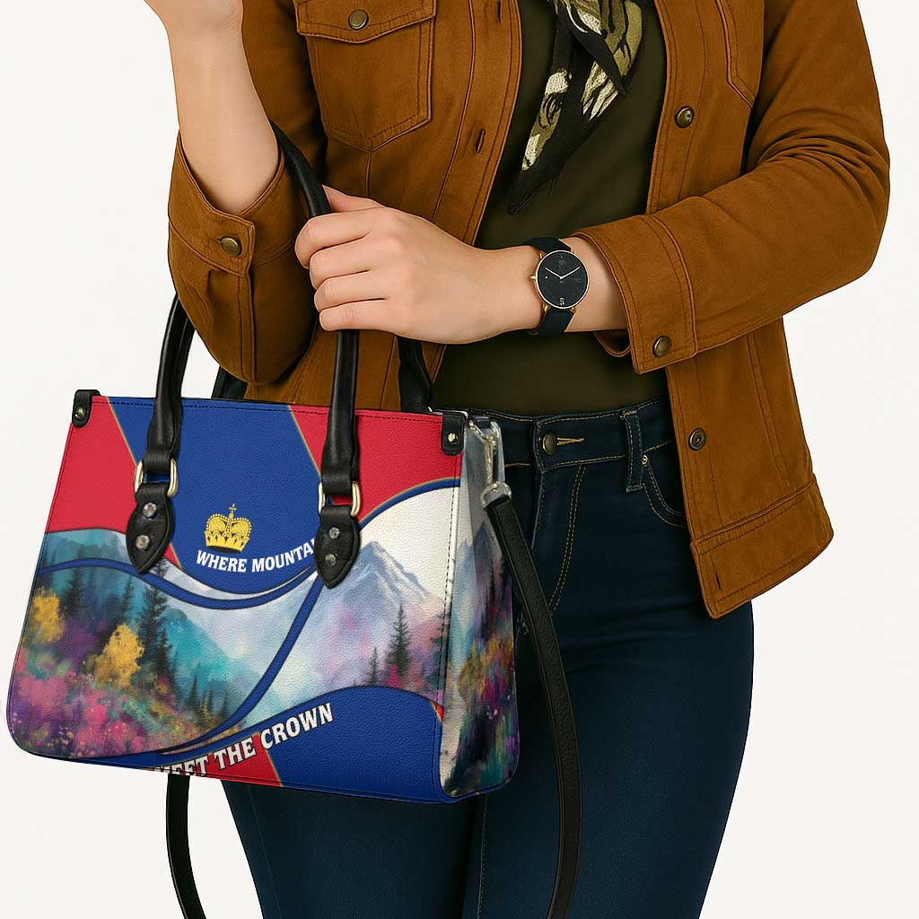 Liechtenstein Leather Bag with Red Blue Mountain Landscape Design and Crown Emblem - Wonder Print Shop