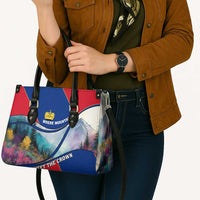 Liechtenstein Leather Bag with Red Blue Mountain Landscape Design and Crown Emblem - Wonder Print Shop
