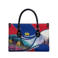 Liechtenstein Leather Bag with Red Blue Mountain Landscape Design and Crown Emblem - Wonder Print Shop