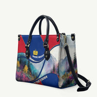 Liechtenstein Leather Bag with Red Blue Mountain Landscape Design and Crown Emblem - Wonder Print Shop