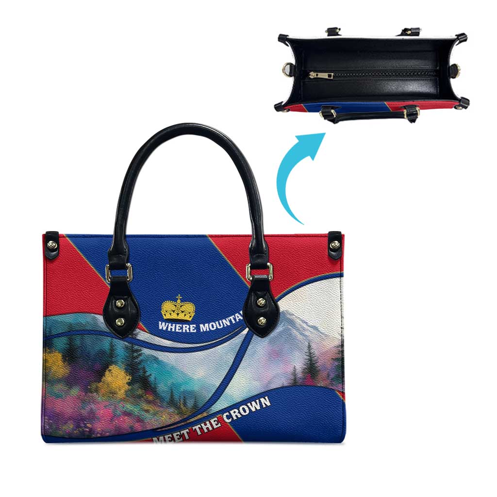 Liechtenstein Leather Bag with Red Blue Mountain Landscape Design and Crown Emblem - Wonder Print Shop