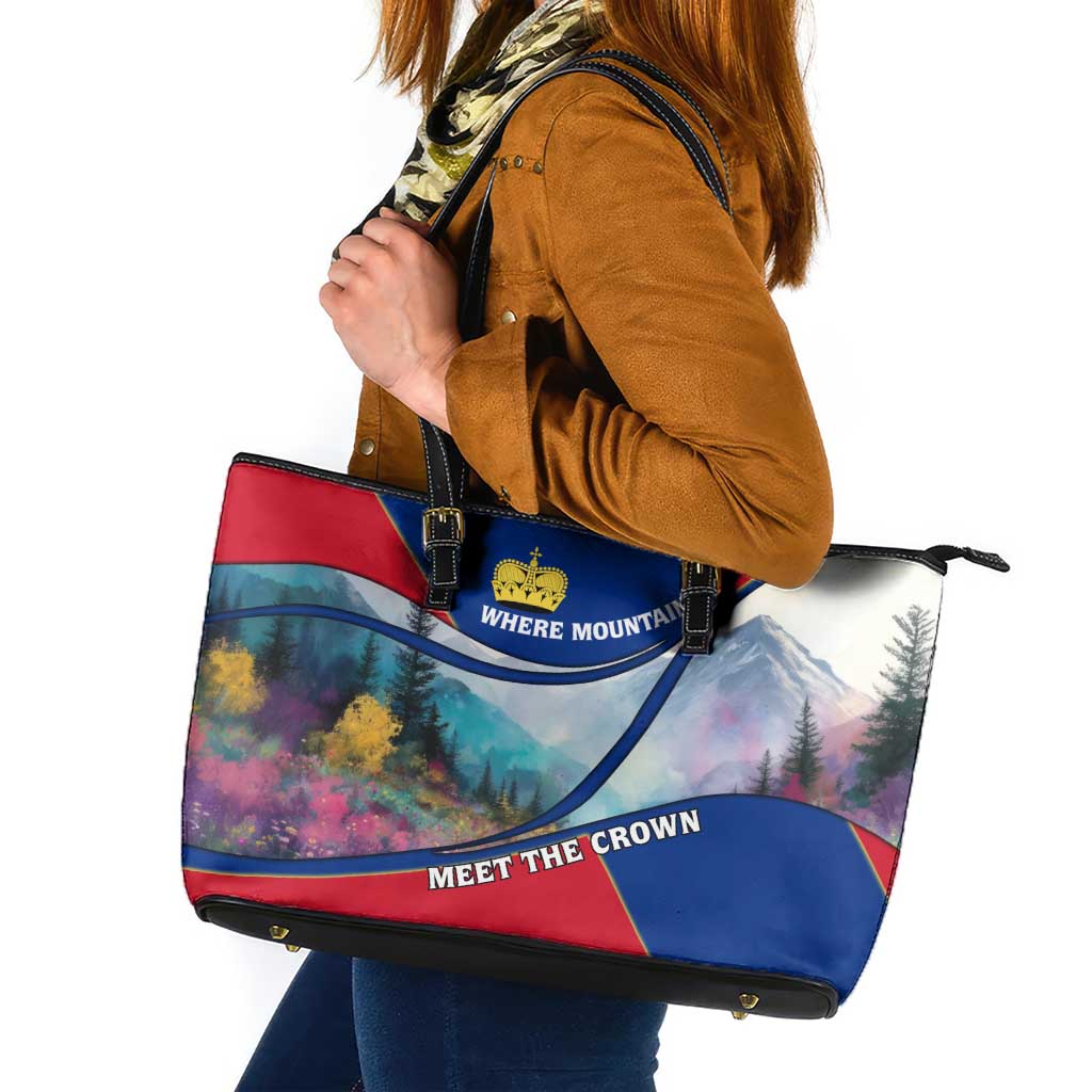 Liechtenstein Leather Tote Bag with Red Blue Mountain Landscape Design and Crown Emblem - Wonder Print Shop
