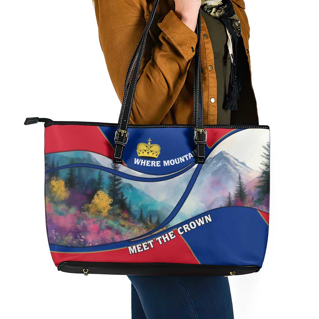 Liechtenstein Leather Tote Bag with Red Blue Mountain Landscape Design and Crown Emblem - Wonder Print Shop