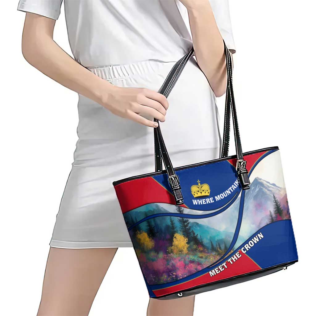 Liechtenstein Leather Tote Bag with Red Blue Mountain Landscape Design and Crown Emblem - Wonder Print Shop
