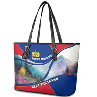 Liechtenstein Leather Tote Bag with Red Blue Mountain Landscape Design and Crown Emblem - Wonder Print Shop