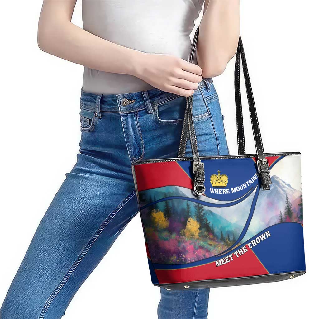 Liechtenstein Leather Tote Bag with Red Blue Mountain Landscape Design and Crown Emblem - Wonder Print Shop