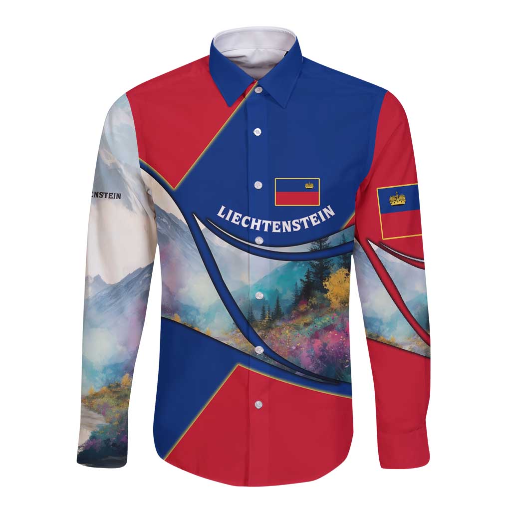 Liechtenstein Long Sleeve Button Shirt with Red Blue Mountain Landscape Design and Crown Emblem - Wonder Print Shop