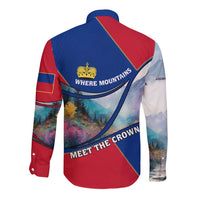 Liechtenstein Long Sleeve Button Shirt with Red Blue Mountain Landscape Design and Crown Emblem - Wonder Print Shop