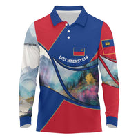 Liechtenstein Long Sleeve Polo Shirt with Red Blue Mountain Landscape Design and Crown Emblem - Wonder Print Shop