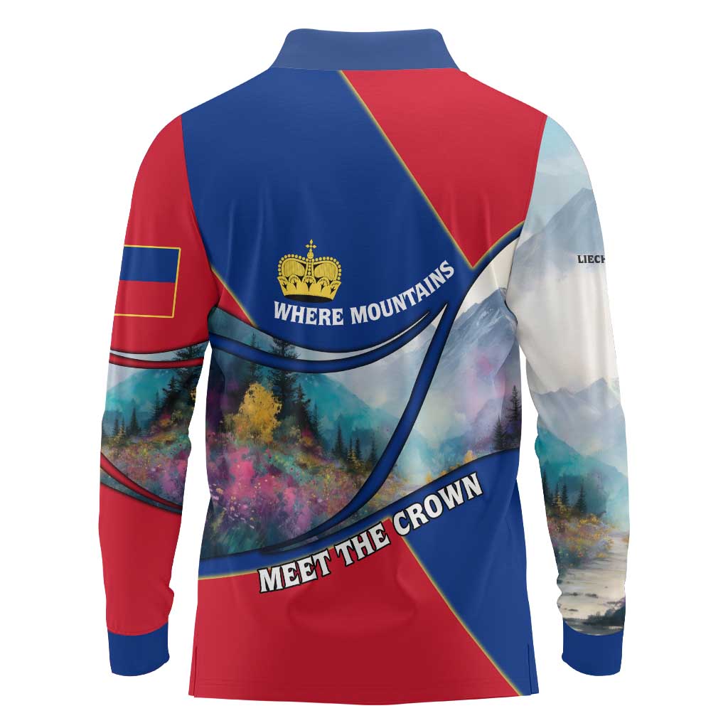 Liechtenstein Long Sleeve Polo Shirt with Red Blue Mountain Landscape Design and Crown Emblem - Wonder Print Shop