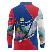 Liechtenstein Long Sleeve Polo Shirt with Red Blue Mountain Landscape Design and Crown Emblem - Wonder Print Shop