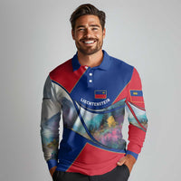 Liechtenstein Long Sleeve Polo Shirt with Red Blue Mountain Landscape Design and Crown Emblem - Wonder Print Shop