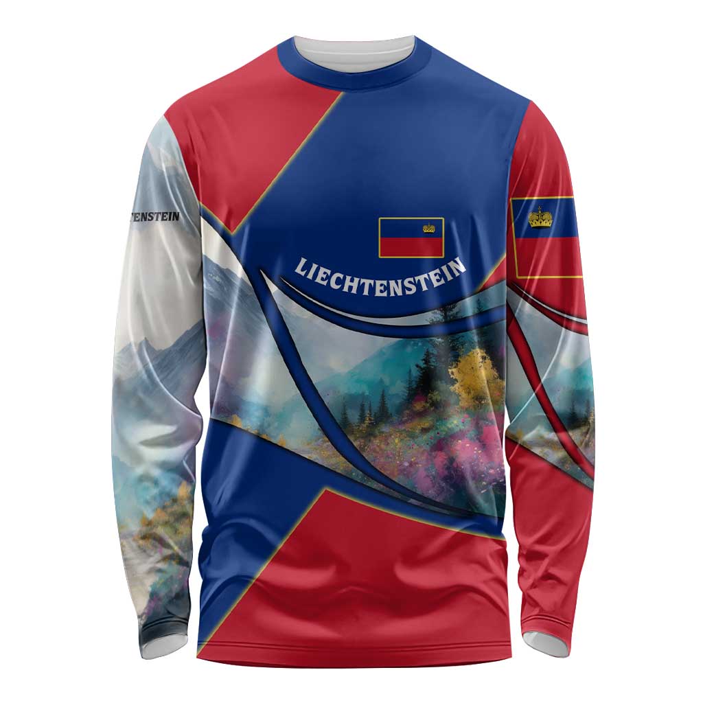 Liechtenstein Long Sleeve Shirt with Red Blue Mountain Landscape Design and Crown Emblem - Wonder Print Shop