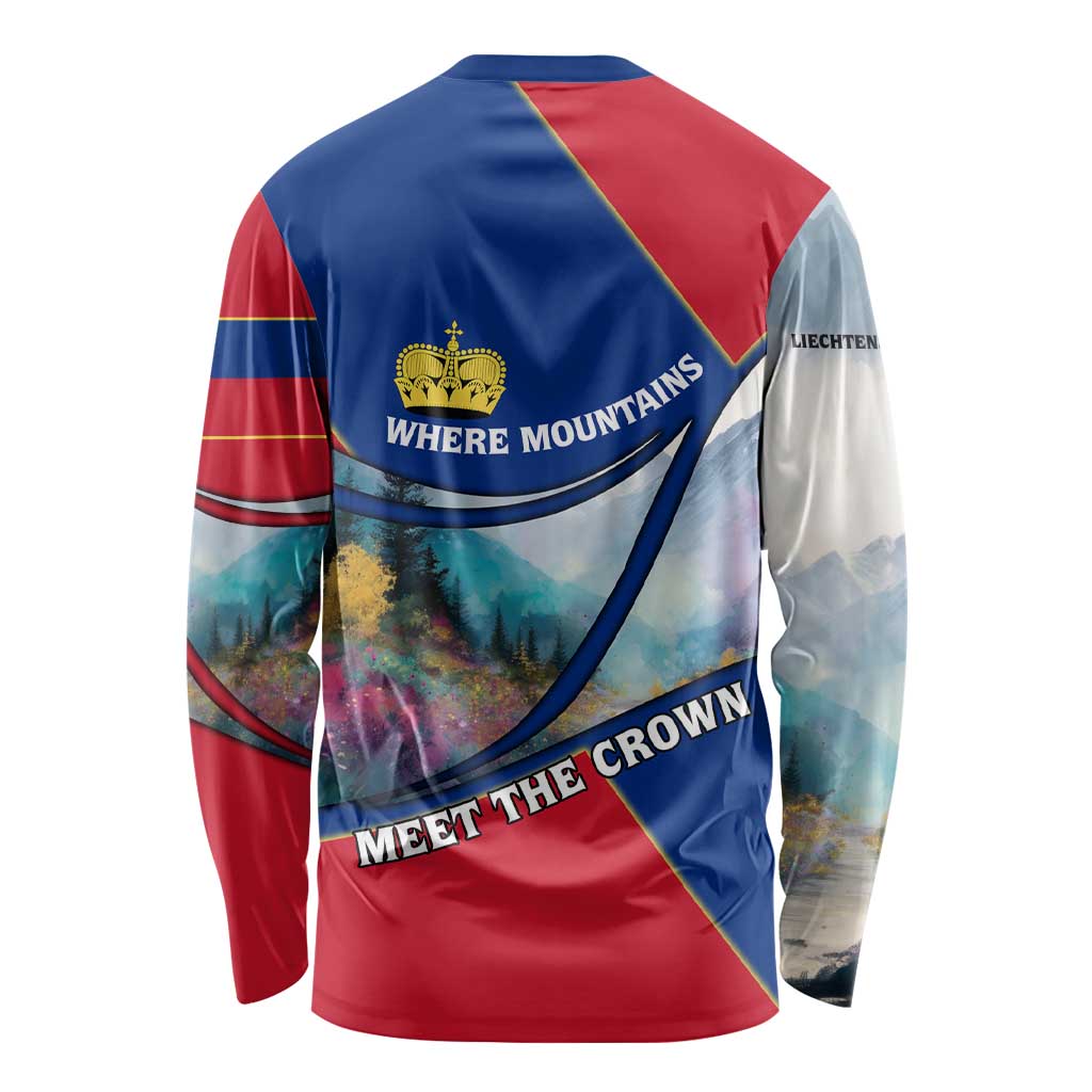 Liechtenstein Long Sleeve Shirt with Red Blue Mountain Landscape Design and Crown Emblem - Wonder Print Shop
