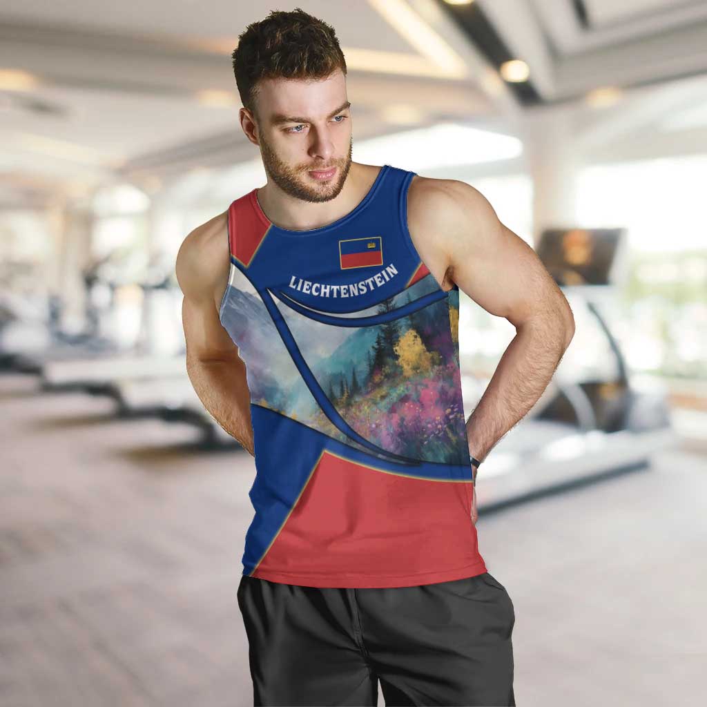 Liechtenstein Men Tank Top with Red Blue Mountain Landscape Design and Crown Emblem - Wonder Print Shop
