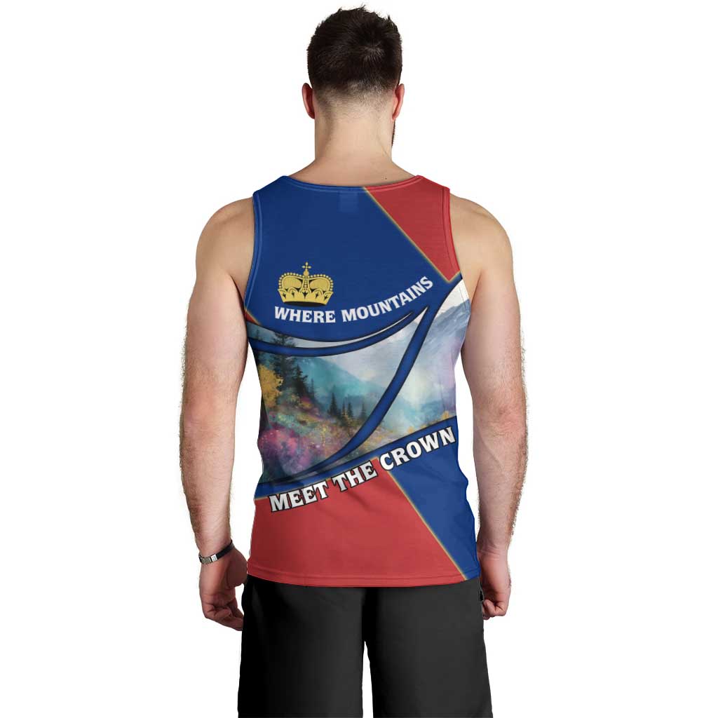Liechtenstein Men Tank Top with Red Blue Mountain Landscape Design and Crown Emblem - Wonder Print Shop