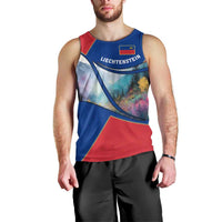 Liechtenstein Men Tank Top with Red Blue Mountain Landscape Design and Crown Emblem - Wonder Print Shop