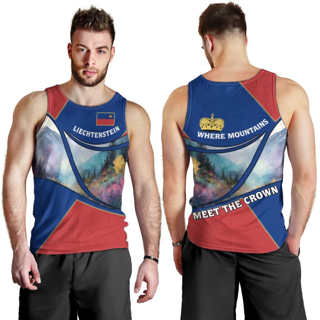 Liechtenstein Men Tank Top with Red Blue Mountain Landscape Design and Crown Emblem - Wonder Print Shop