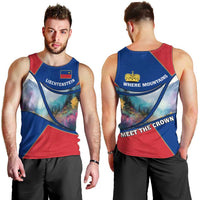 Liechtenstein Men Tank Top with Red Blue Mountain Landscape Design and Crown Emblem - Wonder Print Shop