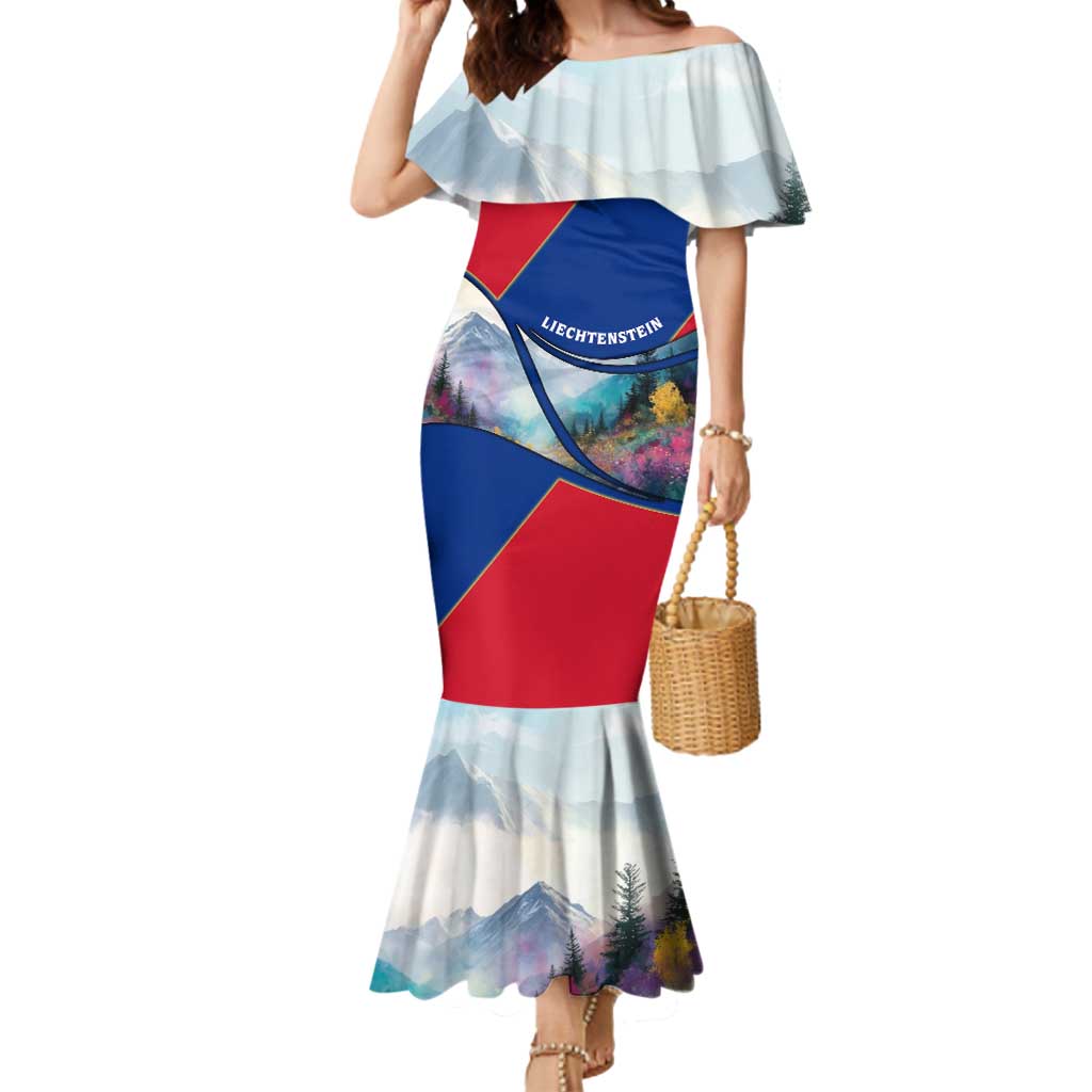 Liechtenstein Mermaid Dress with Red Blue Mountain Landscape Design and Crown Emblem - Wonder Print Shop