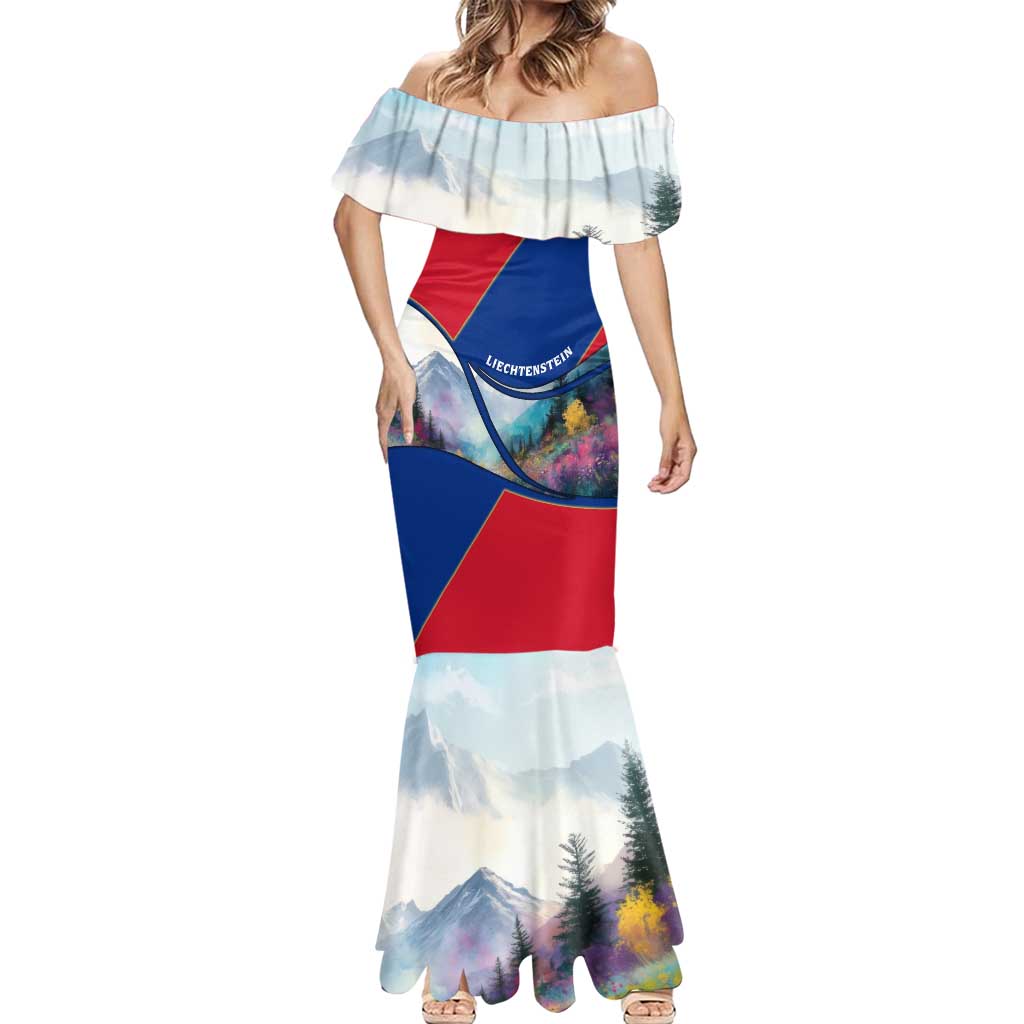 Liechtenstein Mermaid Dress with Red Blue Mountain Landscape Design and Crown Emblem - Wonder Print Shop