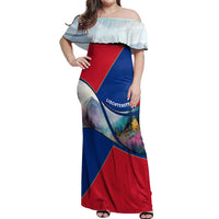 Liechtenstein Off Shoulder Maxi Dress with Red Blue Mountain Landscape Design and Crown Emblem - Wonder Print Shop