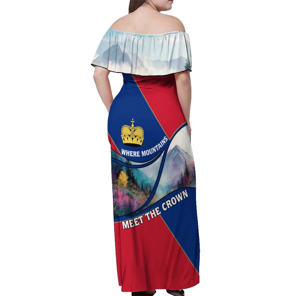 Liechtenstein Off Shoulder Maxi Dress with Red Blue Mountain Landscape Design and Crown Emblem - Wonder Print Shop