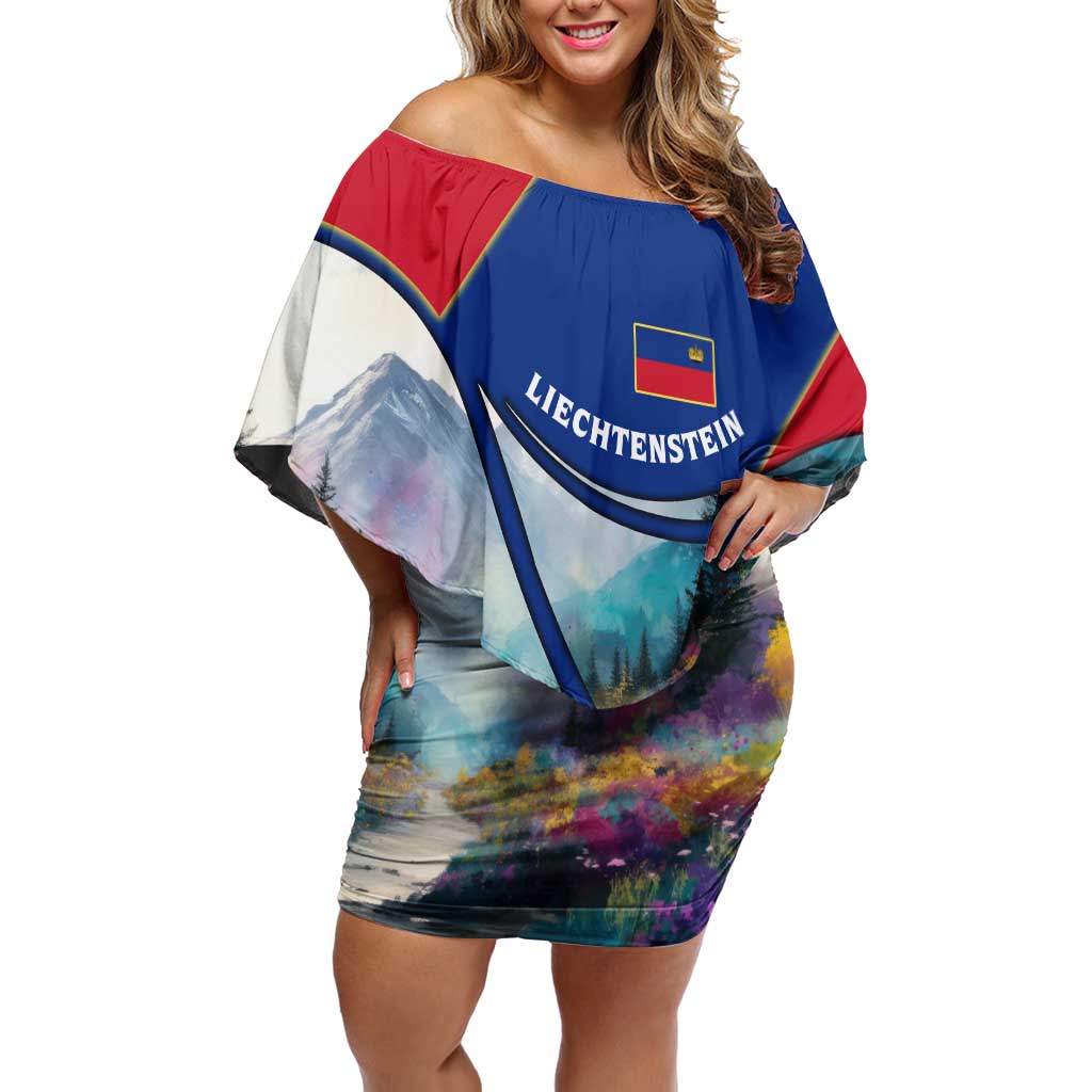 Liechtenstein Off Shoulder Short Dress with Red Blue Mountain Landscape Design and Crown Emblem - Wonder Print Shop