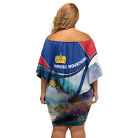 Liechtenstein Off Shoulder Short Dress with Red Blue Mountain Landscape Design and Crown Emblem - Wonder Print Shop