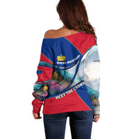 Liechtenstein Off Shoulder Sweater with Red Blue Mountain Landscape Design and Crown Emblem - Wonder Print Shop