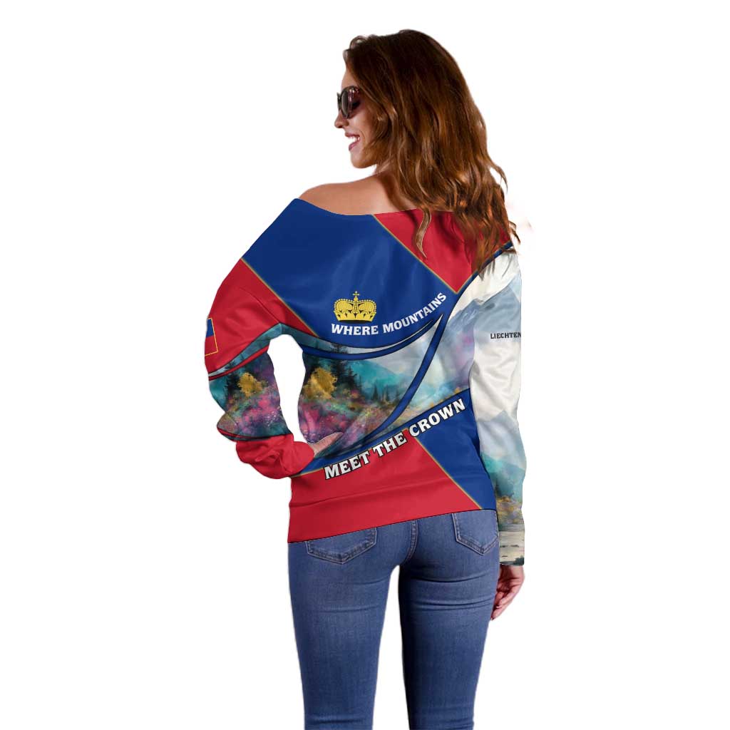 Liechtenstein Off Shoulder Sweater with Red Blue Mountain Landscape Design and Crown Emblem - Wonder Print Shop