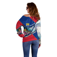 Liechtenstein Off Shoulder Sweater with Red Blue Mountain Landscape Design and Crown Emblem - Wonder Print Shop
