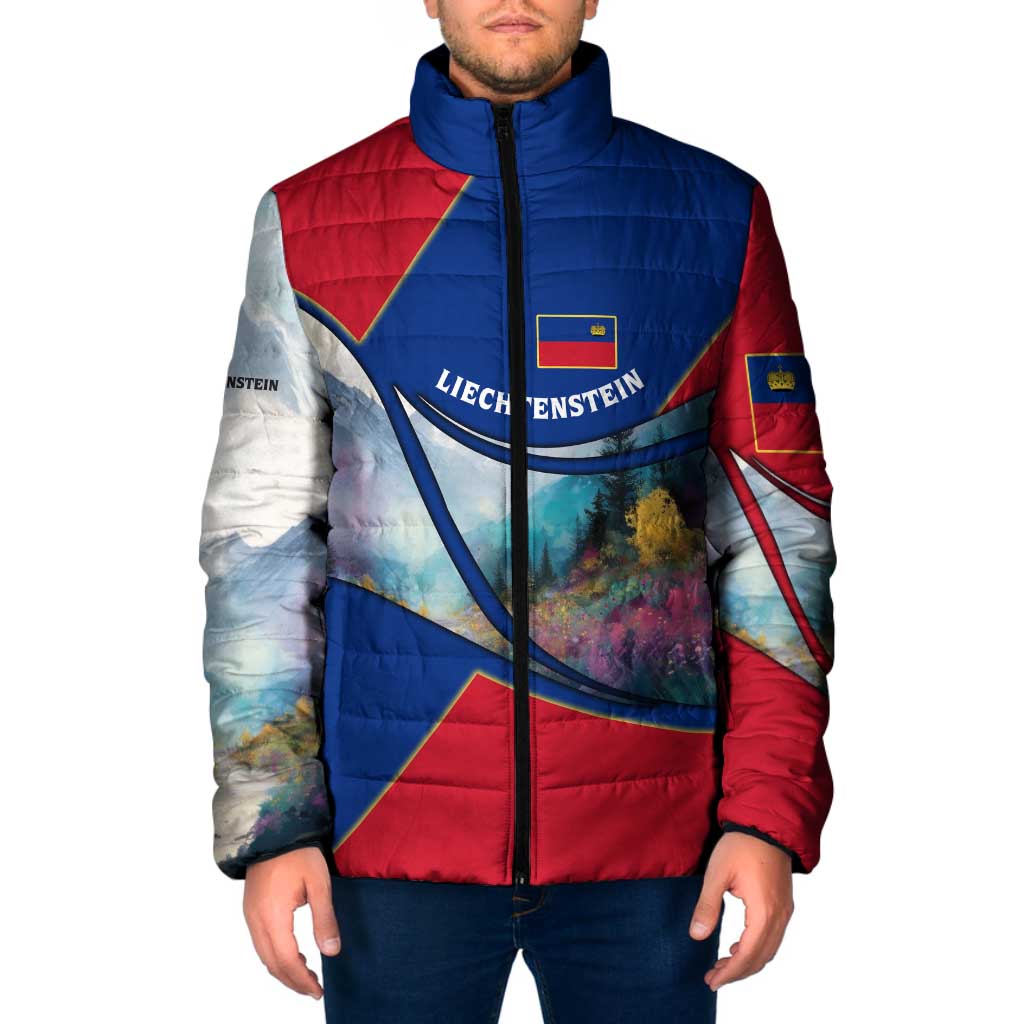 Liechtenstein Padded Jacket with Red Blue Mountain Landscape Design and Crown Emblem - Wonder Print Shop