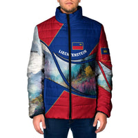 Liechtenstein Padded Jacket with Red Blue Mountain Landscape Design and Crown Emblem - Wonder Print Shop