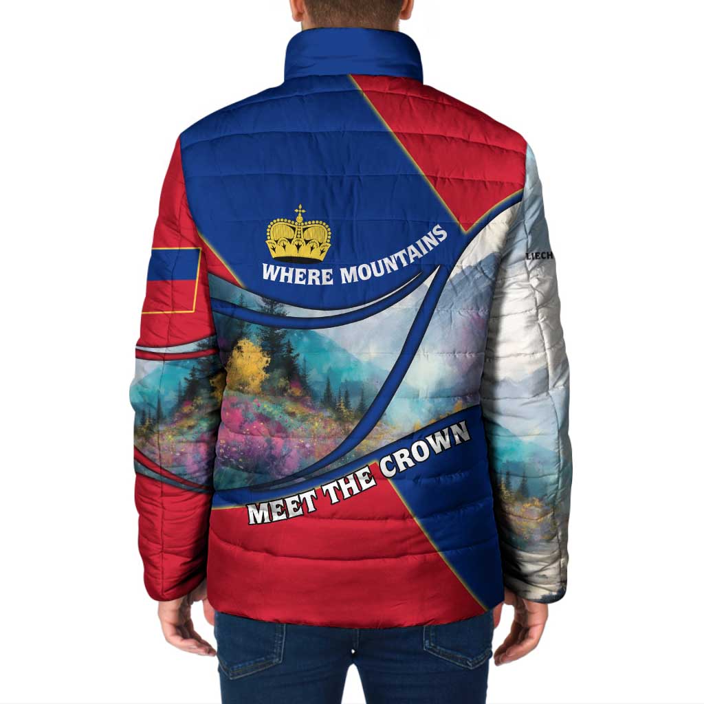 Liechtenstein Padded Jacket with Red Blue Mountain Landscape Design and Crown Emblem - Wonder Print Shop