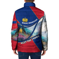 Liechtenstein Padded Jacket with Red Blue Mountain Landscape Design and Crown Emblem - Wonder Print Shop