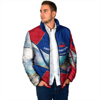 Liechtenstein Padded Jacket with Red Blue Mountain Landscape Design and Crown Emblem - Wonder Print Shop