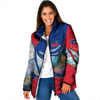 Liechtenstein Padded Jacket with Red Blue Mountain Landscape Design and Crown Emblem - Wonder Print Shop
